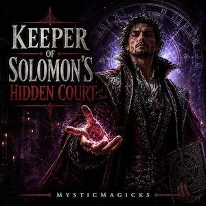 Peut inclure: Illustration pour "Keeper of Solomon's Hidden Court" représentant un homme en cape rouge foncé et noire, tenant une main lumineuse et un livre. Le titre est en blanc et rouge, avec "Mystic Magicks" en bas.