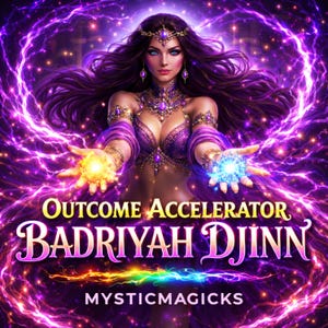 May include: Digital art of a woman with long dark hair, adorned with jewelry, holding orbs of light. The image features the text "Outcome Accelerator BADRIYAH DJINN MYSTICMAGICKS" in a mystical, fantasy style with purple and gold accents.