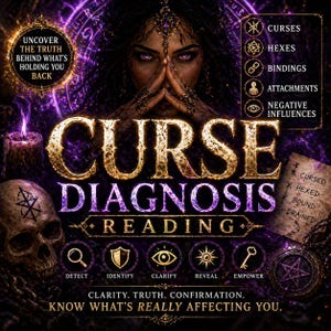 May include: A digital graphic with a mystical theme. The central text reads "CURSE DIAGNOSIS READING" in gold lettering. The image includes a skull, a woman with purple eyes, and symbols related to curses, hexes, and bindings. The text also includes "Clarity. Truth. Confirmation."