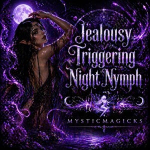 Puede incluir: Ilustración digital de una mujer con cabello largo y oscuro y orejas puntiagudas, bajo una luna llena. El texto dice "Jealousy Triggering Night Nymph" y "Mystic Magicks" en un diseño púrpura de fantasía.