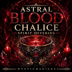 May include: A digital art image featuring a decorative chalice filled with a red liquid, possibly blood. The text reads "Astral Blood Chalice Spirit Offering" with the words "Mystic Magicks" at the bottom. The image has a dark, mystical theme with red accents and candles.