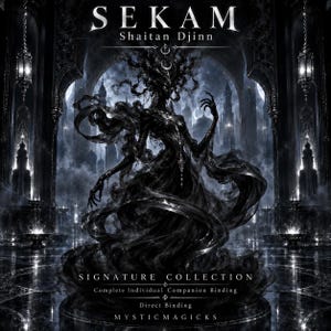以下が含まれることがあります： Signature CollectionのSEKAM Shaitan Djinnと題されたデジタルアート。流れるようなローブと鋭い特徴を持つ暗く幻想的な姿が、吊り下げられたランタンと霧に包まれた壮大なアーチ型のホールの中央に描かれています。