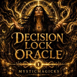 May include: A digital illustration featuring a woman with long dark hair, adorned with jewelry, and a dark robe. The text "Decision Lock Oracle" is in gold lettering. The background is a swirling pattern of gold light, with tarot cards and mystical elements.