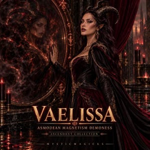 Pode incluir: Uma figura de cabelos escuros com chifres vestindo um vestido preto e vermelho profundo com bordados dourados, diante de um espelho circular. O texto diz: VAELISSA ASMODEAN MAGNETISM DEMONESS ASCENDANT COLLECTION MYSTIC MAGICKS em letras douradas.