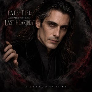 Pode incluir: Um retrato de uma pessoa com cabelos longos e escuros e olhos avermelhados vestindo uma jaqueta preta, cercada por fumaça vermelha escura. O texto diz FATE-TIED VAMPIRE OF THE LAST HEARTBEAT e MYSTIC MAGICKS em fonte estilizada sobre fundo escuro.