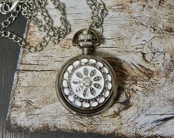 Pocket Watch Necklace White Flower Design