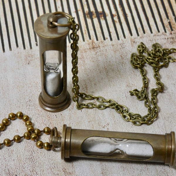 Sand Timer Necklace, Dark Antique Brass Hourglass pendant