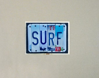 Surf custom sign made with repurposed license plates