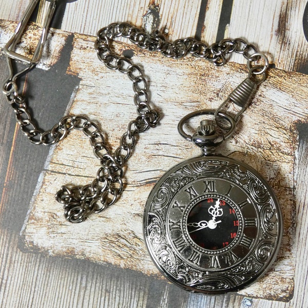 Steampunk gunmetal Pocket Watch with Fob