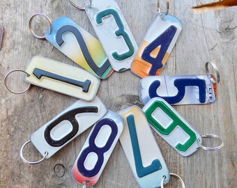 License Plate Keychains • Repurposed from Authentic Plates • Numbers 1-9 • Custom decorative signs • Perfect Gift for All Ages