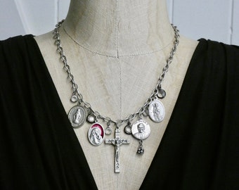 Vintage cross and medallion one of a kind charm necklace