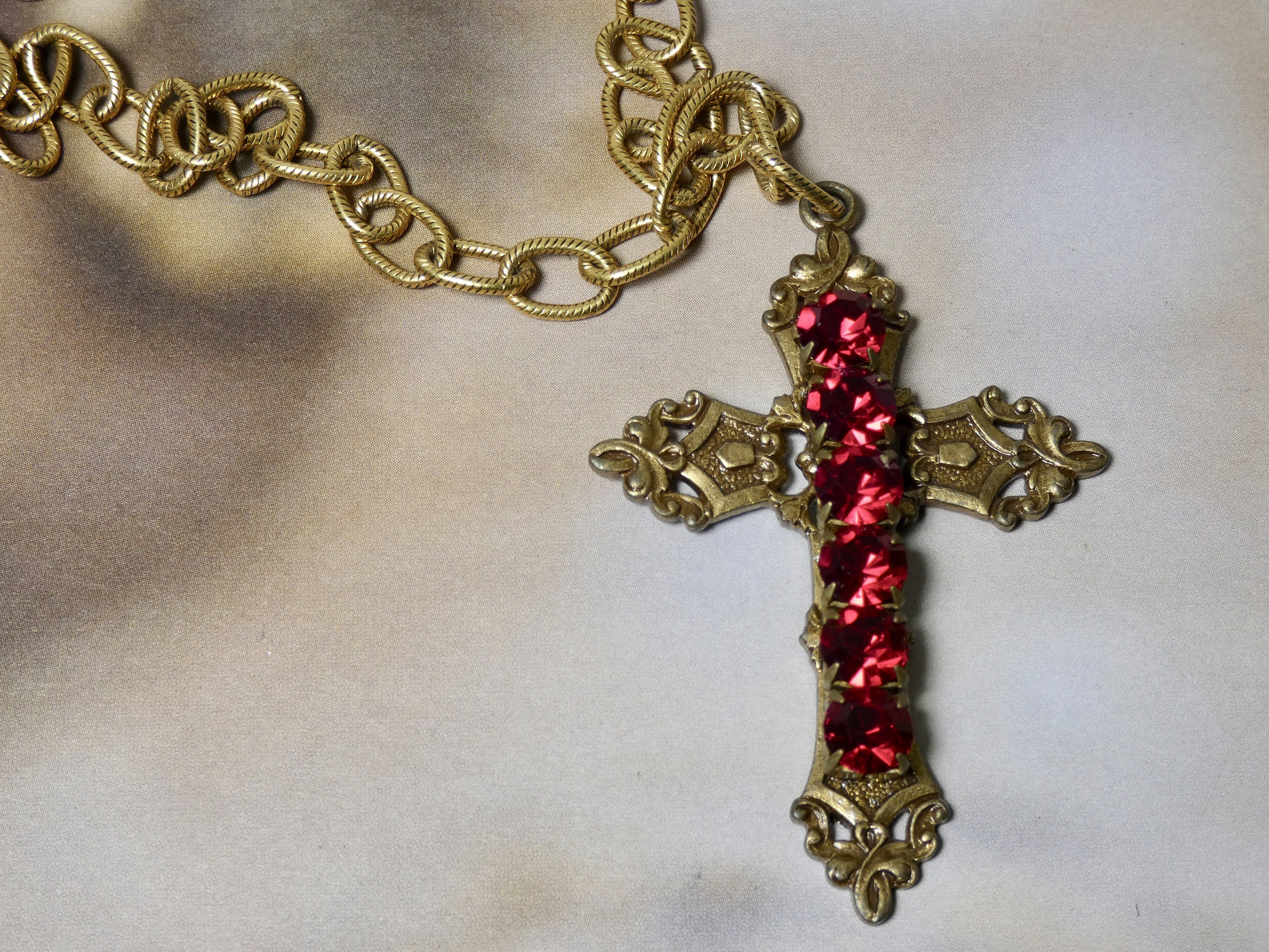 Gold Cross Necklace Red Rhinestone Detail Etsy