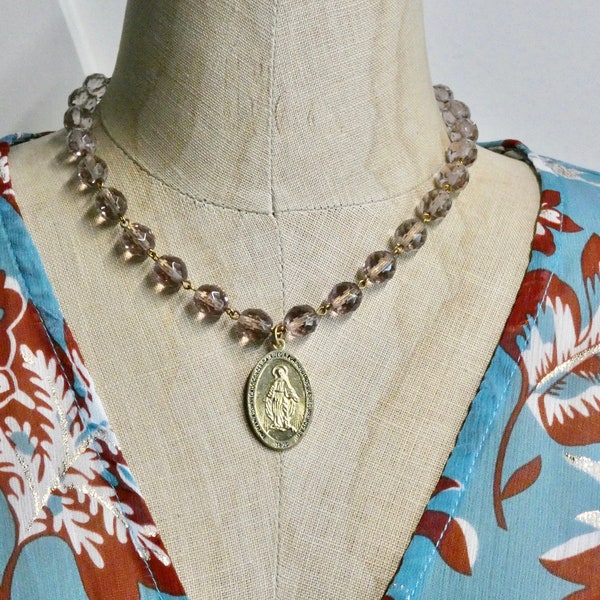 Vintage Miraculous Medal Necklace dusty pink rosary bead chain