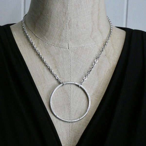 Circle Necklace, Large Hammered Sterling plated Circle Pendant