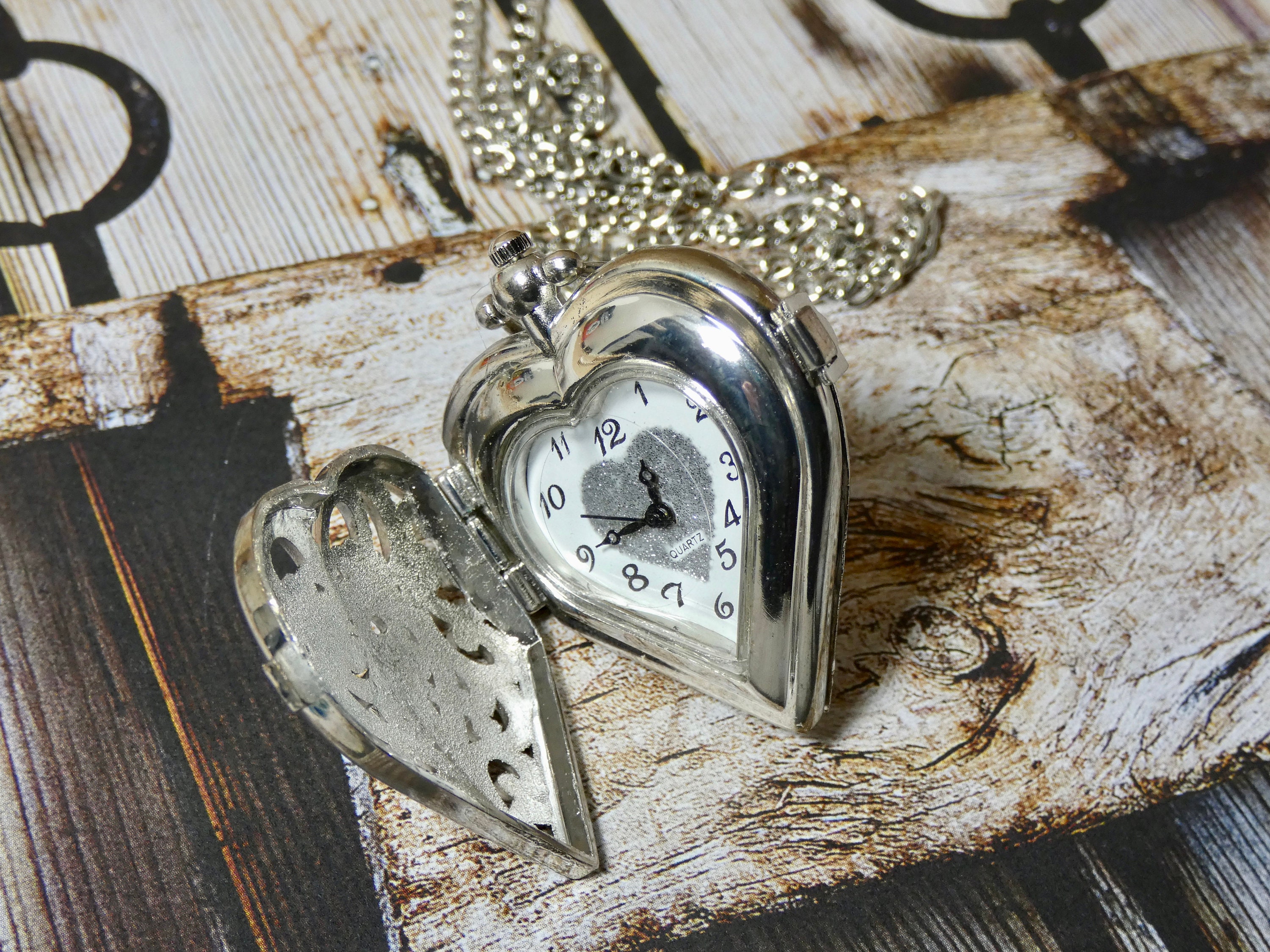 Heart Pocket Watch Necklace Silver Heart Pendant Quartz Etsy