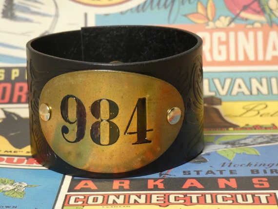 Leather Cuff Bracelet with Vintage Brass Locker T… - image 1