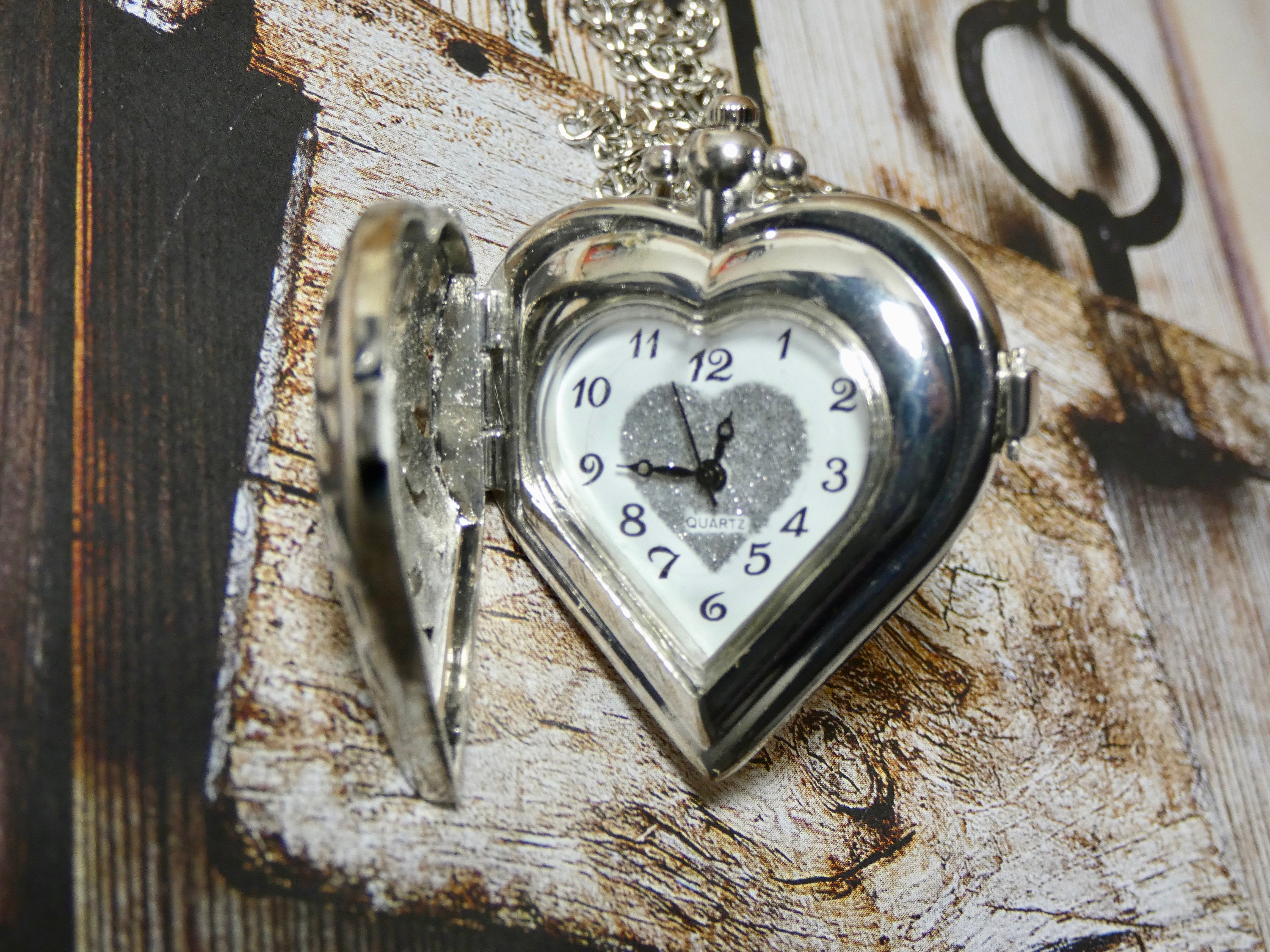 Heart Pocket Watch Necklace Silver Heart Pendant Quartz Etsy