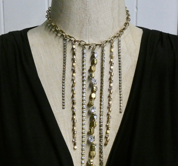 One of a Kind Vintage Rhinestone Fringe Necklace,… - image 1