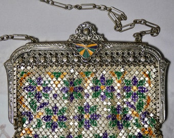 Vintage 1920's Metal Mesh Bag, Pearlized Enamel Detailed Purse