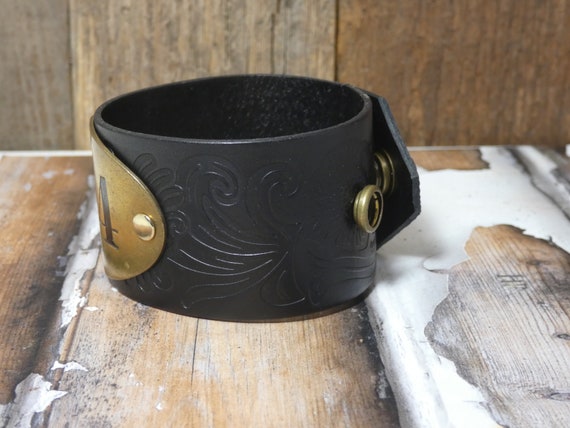 Leather Cuff Bracelet with Vintage Brass Locker T… - image 3