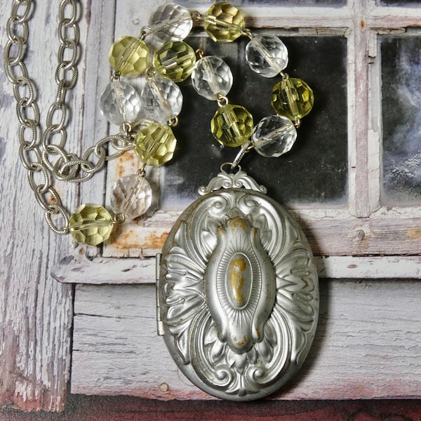 Vintage Locket Necklace, Large Chunky Matte Silver Locket