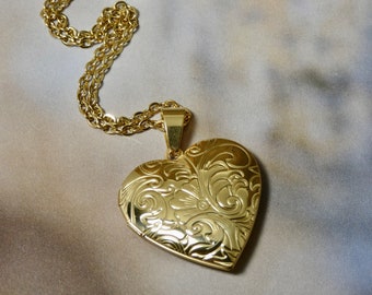 Heart Locket Necklace, Gold Swirl Pattern