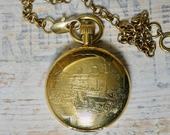 Mechanical Pocket Watch with Fob, Brass with Train Design