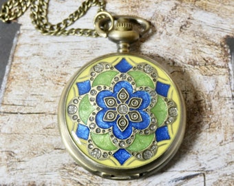 Pocket Watch Necklace Green, Blue and Yellow Design