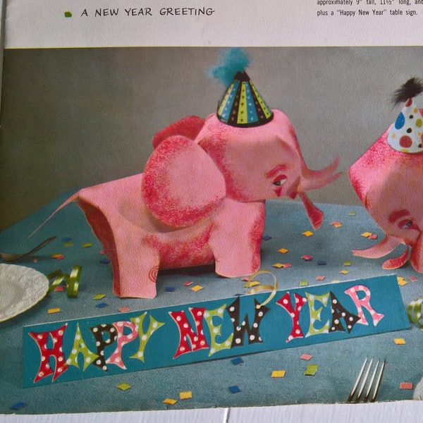 Vintage Pink Elephant Hallmark Party Decoration --- Retro 1960's Centerpiece Festive Paper Decor --- Kitschy Happy New Year Eve Celebration