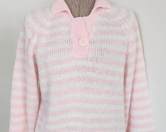 Vintage Moments for Marjorie Pink & White Striped Acrylic Sweater --- Retro 1980s Pastel Colors Cozy Women's Clothing Winter Knitwear