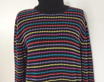 Vintage Richard Sport Black & Rainbow Dotted Stripe Turtleneck Sweater --- Retro 1980s Colorful Fun Knitwear -- 80s Cozy Women's Clothing