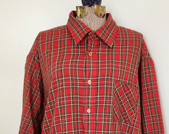 Vintage Sears Sports Wear Red & Green Plaid Short Sleeve Button Down Shirt --- Retro Mens Tall Casual Oxford Shirt --- Classic Farmer Style
