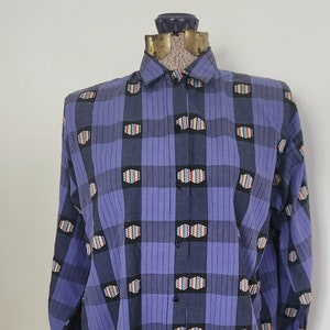 Vintage Purple & Black Plaid with Woven Rainbow Accents Button Down Shirt --- Retro 1980s Style Colorful Women&#39;s Clothing --- Casual Blouse