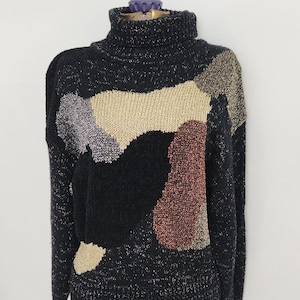 Vintage Hollywood & Vine Black Metallic Abstract Splotch Turtleneck Sweater -- Retro 1980s Women&#39;s Winter Knit Shirt -- Winter Goth Clothing