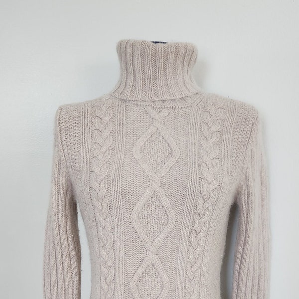 Vintage Banana Republic Angora & Lambswool Light Beige Brown Cable Knit Fisherman Sweater --- Retro 1990s Style Cozy Soft Women's Clothing