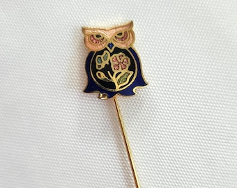 Vintage Floral Owl Cloisonne Stick Pin --- Retro Groovy Night Bird Women's Costume Jewelry --- 1970s Style Lapel Pin Little Brooch