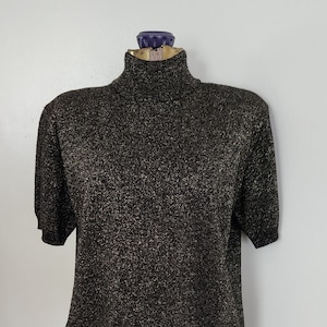 Vintage Karen Scott Black & Metallic Gold Sparkle Mock Turtleneck Short Sleeve Sweater --- Retro Halloween Goth Women&#39;s Knitwear Clothing