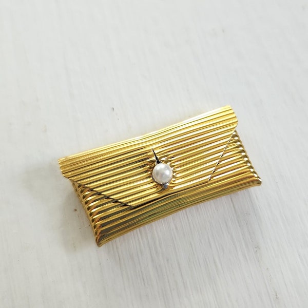 Vintage Miniature Embossed Striped Gold Clutch with Faux Pearl Bead Barbie-Sized Fashion Accessory --- Retro Classic Fashion Doll Handbag