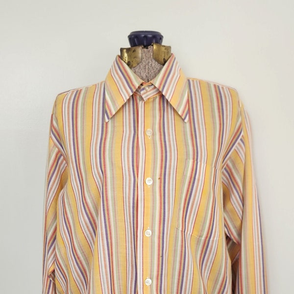 Vintage Grant Crest Yellow & Rainbow Striped Button Down Oxford Shirt --- Retro 1970s Groovy Mens Clothing --- Colorful Unisex Dress Shirt