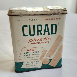 Vintage Curad Plastic Bandages Tin --- Retro Medical First Aid Bathroom Shelf Decor --- Band-Aid Nurse Gift Travel Hidden Money Storage