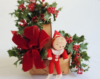 Vintage Christmas Pixie Elf Holly Leaves Basket --- Retro 1950s 1960s Whimsical Holiday Home Decor -- Mid Century Winter Wonderland Figurine