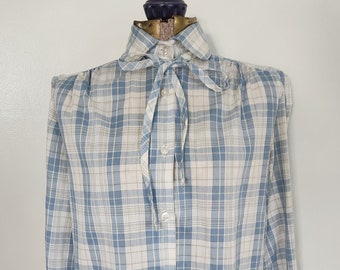 Vintage Miss Fashionality Blue & White Plaid Peter Pan Collar Shirt with Matching Tie --- Retro Farm Cowgirl Style Classic Women's Clothing