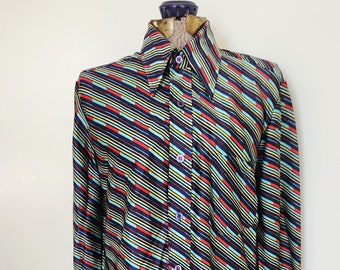 Vintage By Branford Primary Colors Diagonal Striped Button Down Shirt --- Retro 1970s Groovy Disco Saturday Night Fever Colorful Clothing