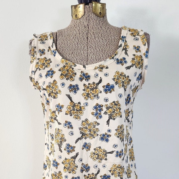 Vintage Yellow & Blue Flowers Tank Top --- Retro Cute Floral Print Women's Clothing --- Sleeveless Gardener Plant Lady Fashion Summer Shirt