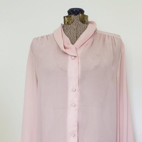 Vintage New Editions Light Pastel Pink Sheer Blouse --- Retro 1980's Champagne Blush Women's Clothing --- Simple Valentine's Day Shirt