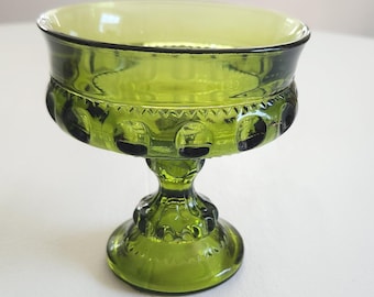 Vintage Kings Crown Thumbprint Green Glass Pedestal Bowl --- Retro 1970s Colorful Glassware -- Small Snack Dish Candy Dish Groovy Home Decor