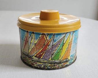 Vintage Mrs. Leland's Old Fashioned Golden Butter Bits Sailboat Tin -- Retro Nautical Coastal Summer Beach Home Decor -- 1950s Candy Kitchen