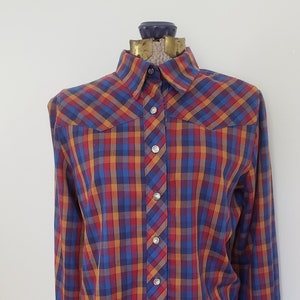Vintage PTP Prime Time Petite Primary Colors Gingham Plaid Shirt --- Retro Button Down Cowgirl Western Style Blouse --- Colorful Women&#39;s Top