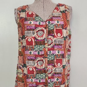 Vintage Diana D&#39;or Abstract Tribal Geometric Pattern Silk Tank Top Blouse --- Retro 1990s Sleeveless Vest Women&#39;s Summer Clothing Shirt