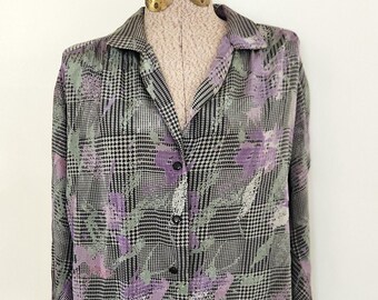 Vintage Black & Gray Houndstooth with Abstract Purple Flowers Matte Satin Fabric Blouse --- Retro Women's Pattern Dress Shirt 80s Clothing